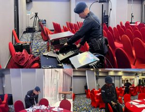 Detasemen Gegana  Satuan Brimob Polda Sulawesi Tenggara melakukan sterilisasi arena Musprov Kadin Sultra di Hotel Swissbel Kendari, Sabtu (14/2/2026).