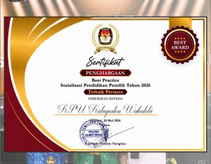 KPU Wakatobi meraih penghargaan Peringkat Pertama Best Practice Sosialisasi Pendidikan Pemilih Tahun 2026 tingkat Provinsi Sulawesi Tenggara. 