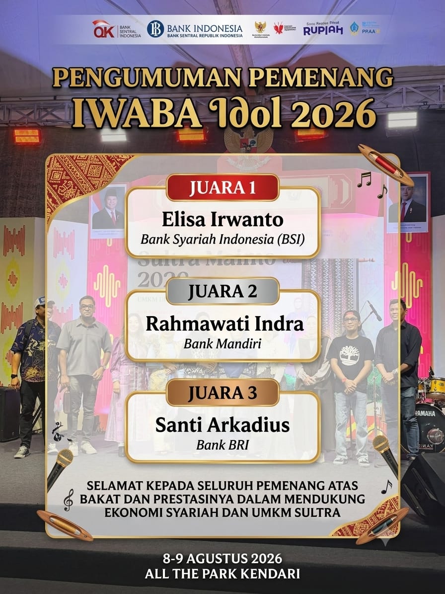 BSI Sultra meraih juara pertama di Kompetisi Olah Vokal IWABA Idol 2026 di Sultra Maimo Fest. 
